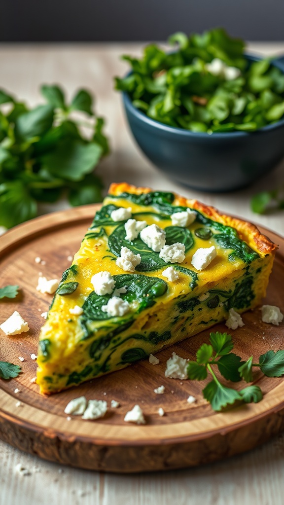 Slice of spinach and zucchini frittata with feta cheese on a rustic plate, garnished with fresh herbs.